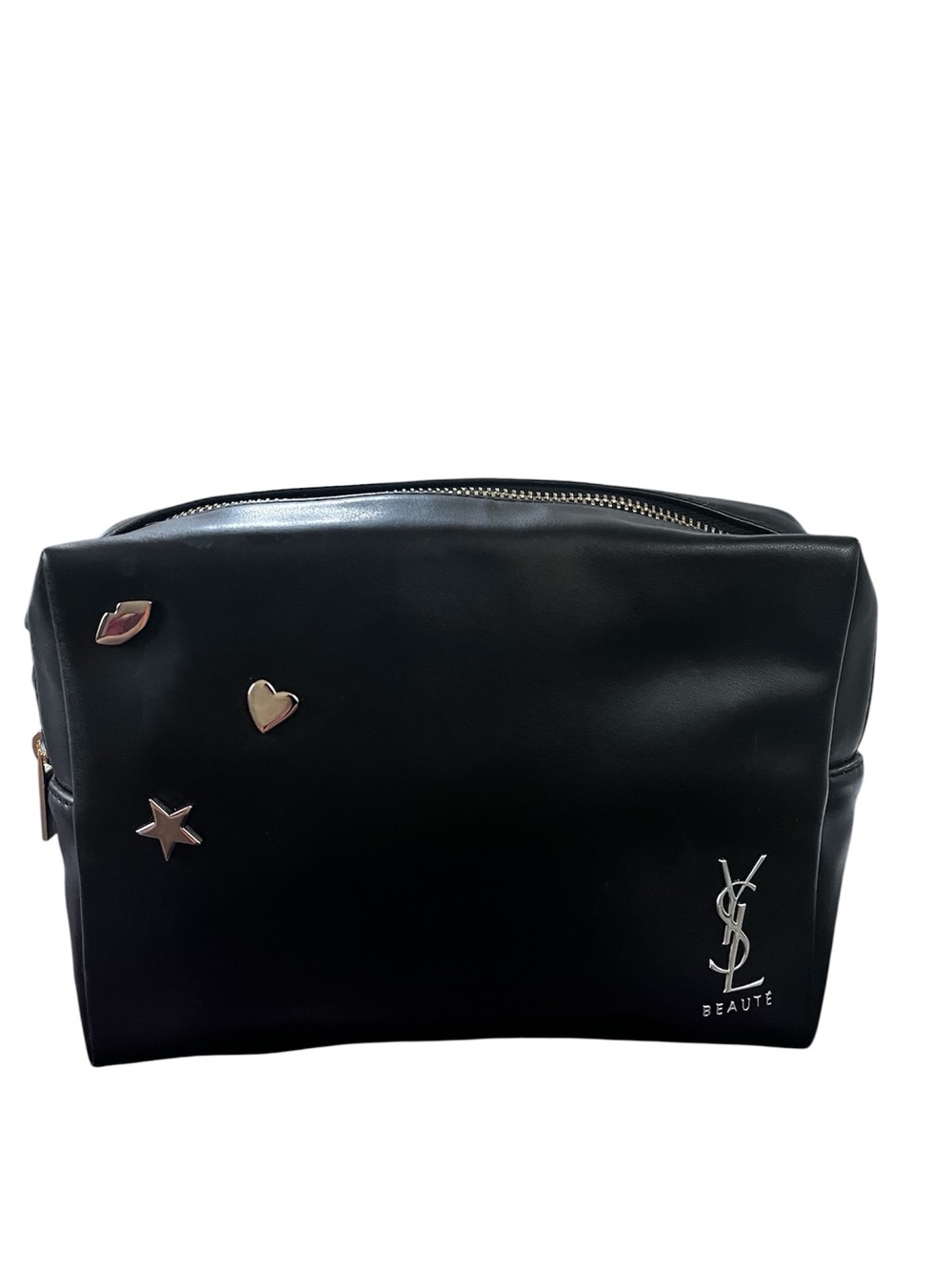 Yves Saint Laurent Black Leather Toiletry Pouch with Silver Accents